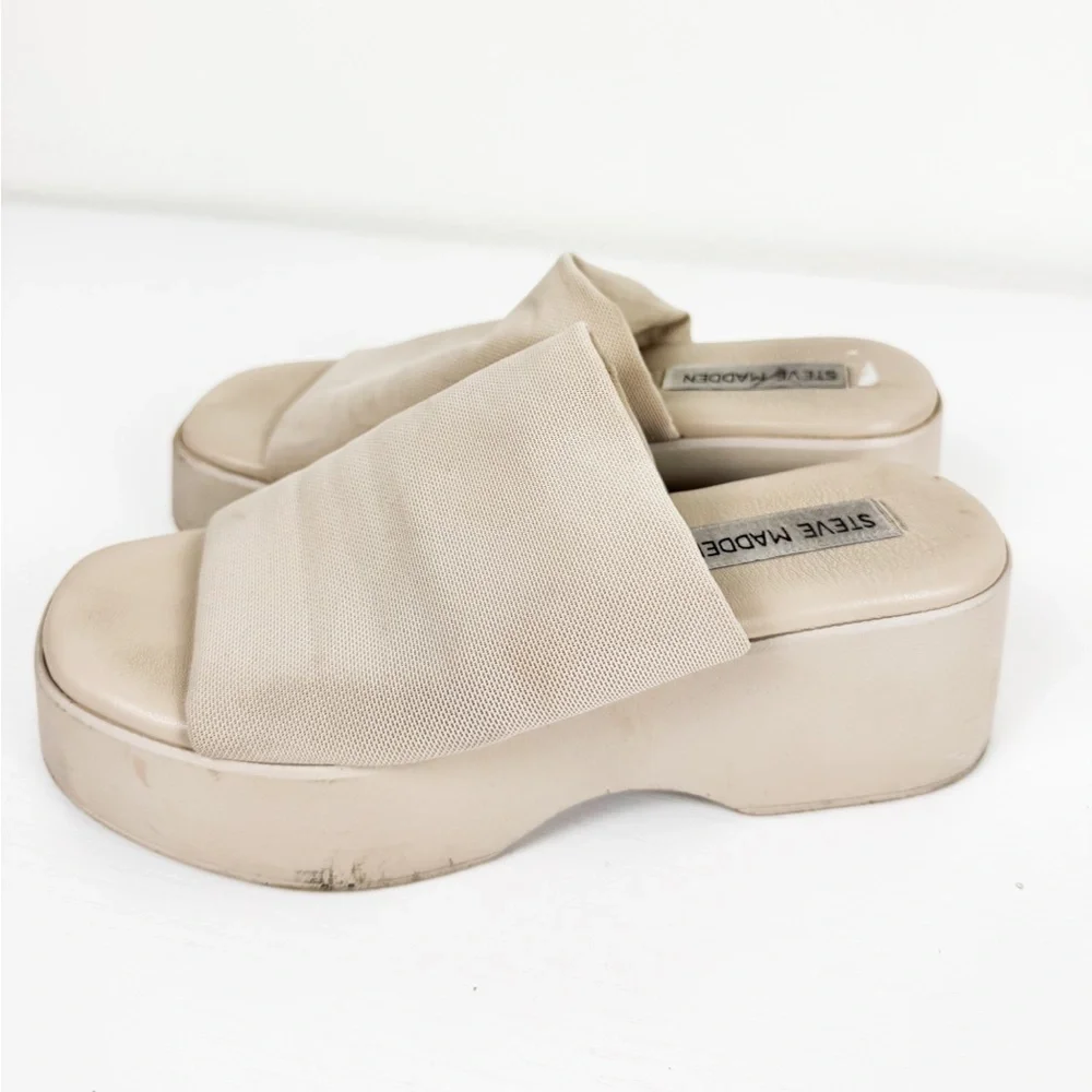 Steve Madden Slinky 30 Womens Slip On Open-Toe Platform Sandals Beige Cream Tan - Picture 3 of 7